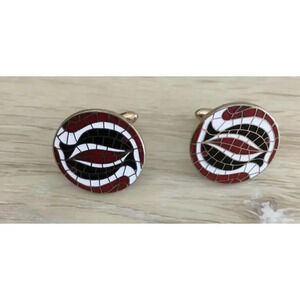 Vintage Cufflinks Swank Mosaic Gold Tone with Red Black Dolphin Fish Eye Design‎